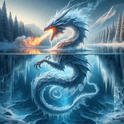 Primary subject: A dragon with a fire in its mouth.

Setting/background: The dragon is in a body of water, surrounded by snow and ice.

Visual style: The image is a digital art or illustration.

Colors and mood: The dominant colors are blue, white, and orange. The overall atmosphere is cold and icy, with the dragon's fire adding a touch of warmth to the scene.